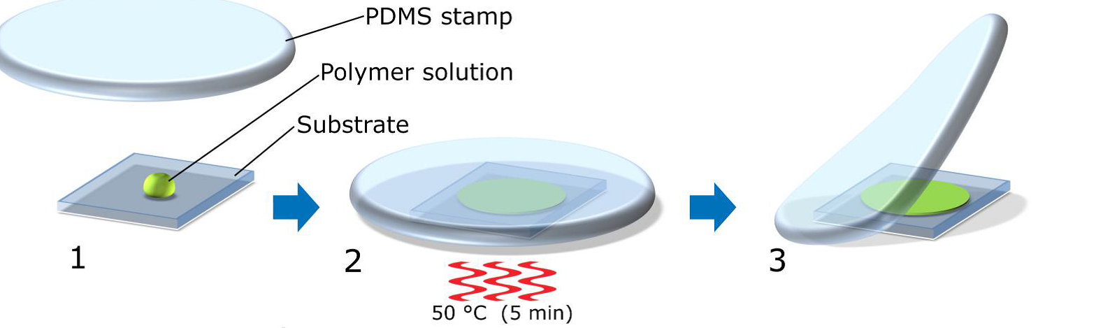 Fig. 1 Push coating devices onto substrates with polydimethylsiloxane (PDMS) films.
1. Deposit approximately 5 microliters of solution on a substrate; 2. Press the PDMS stamp against it. 3. Wait for the solvent to diffuse inside PDMS and remove PDMS.