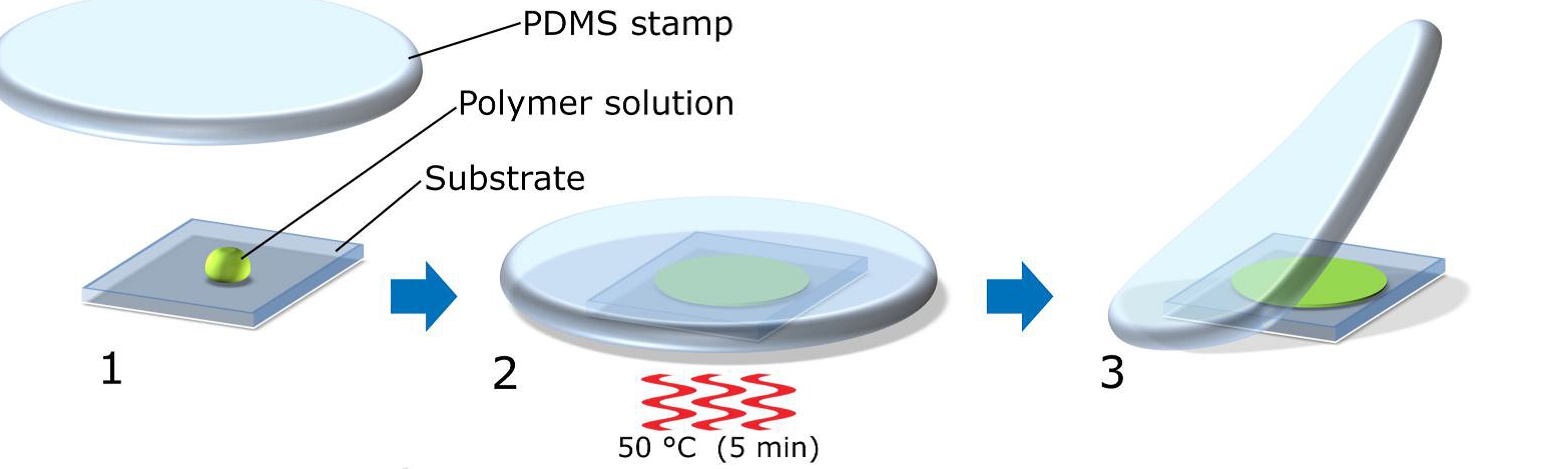 Fig. 1 Push coating devices onto substrates with polydimethylsiloxane (PDMS) films.
1. Deposit approximately 5 microliters of solution on a substrate; 2. Press the PDMS stamp against it. 3. Wait for the solvent to diffuse inside PDMS and remove PDMS.
