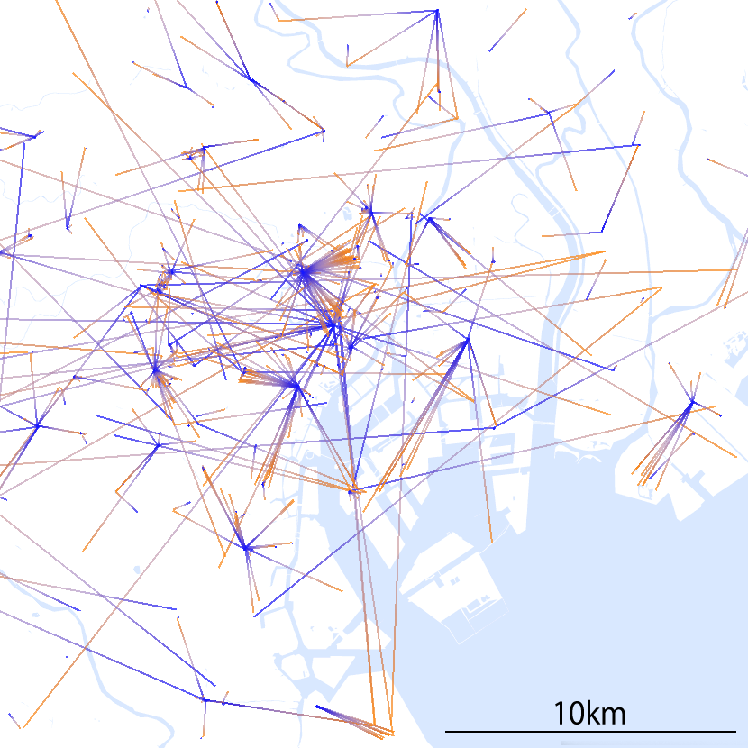From where (orange) about what place (blue) people in Tokyo post.