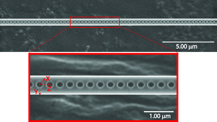 Scanning electron microscopy image of the resulting uniformity and dimensions of photonic crystals induced on nanofibers using femtosecond laser-induced ablation.